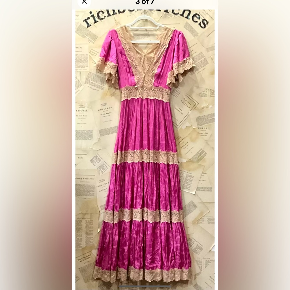 Free People Spell Ocean Gown Maxi Silky Hibiscus Pink Ivory Lace Tiered - Picture 3 of 7